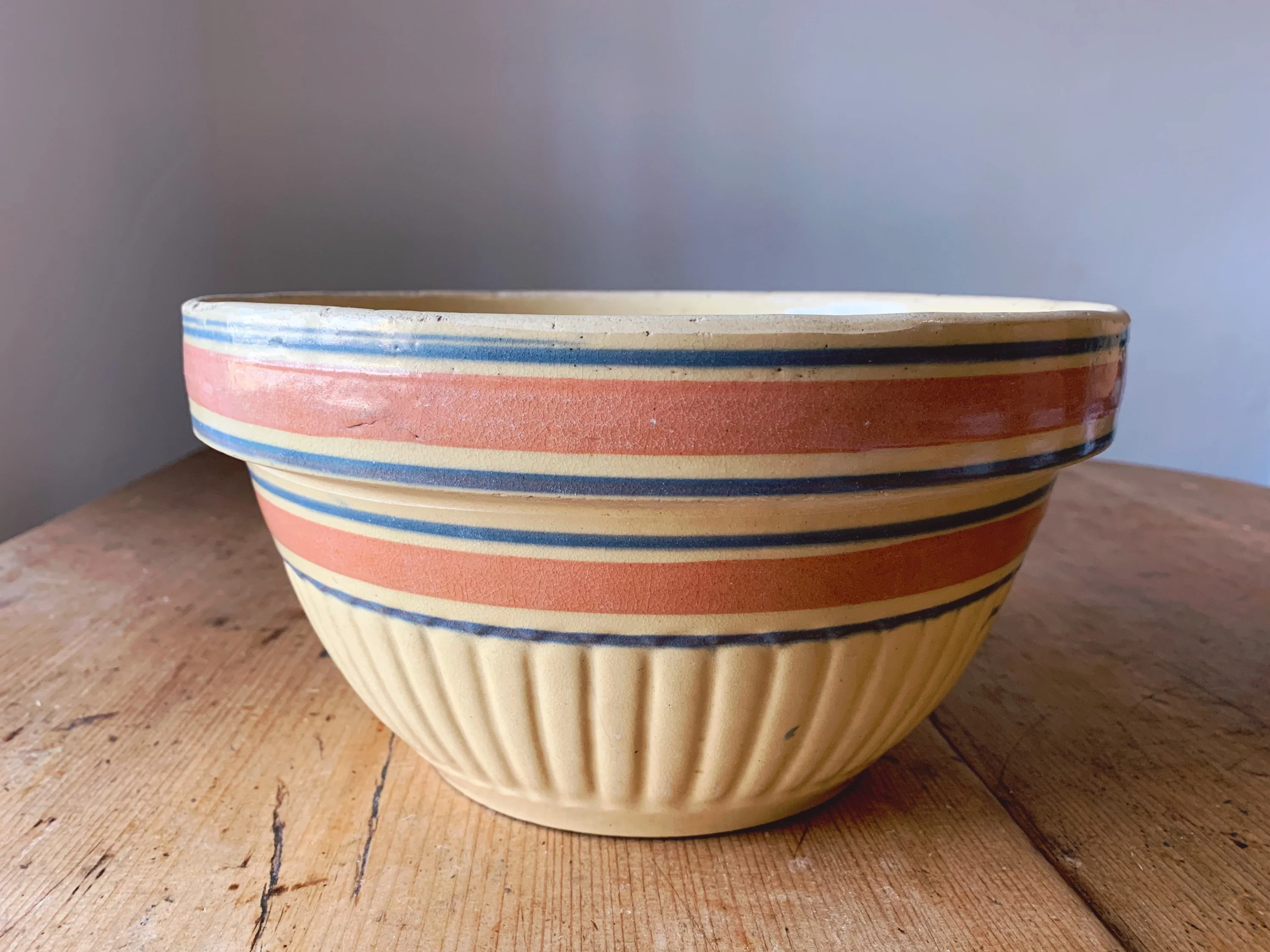 Antique 10" Stoneware Mixing Bowl with Blue and Red Bands | Yellow Ware - Image 3