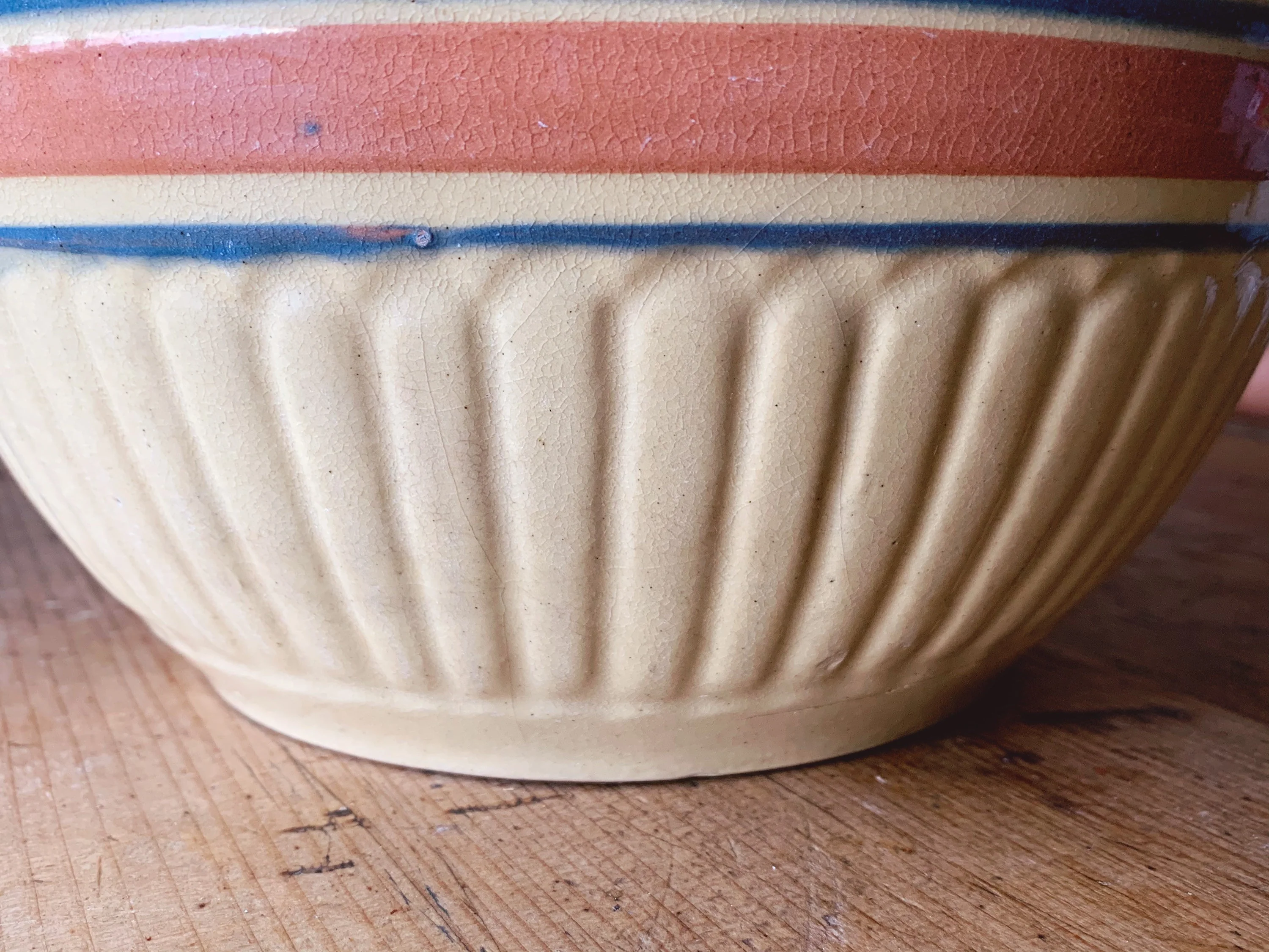 Antique 10" Stoneware Mixing Bowl with Blue and Red Bands | Yellow Ware - Image 6