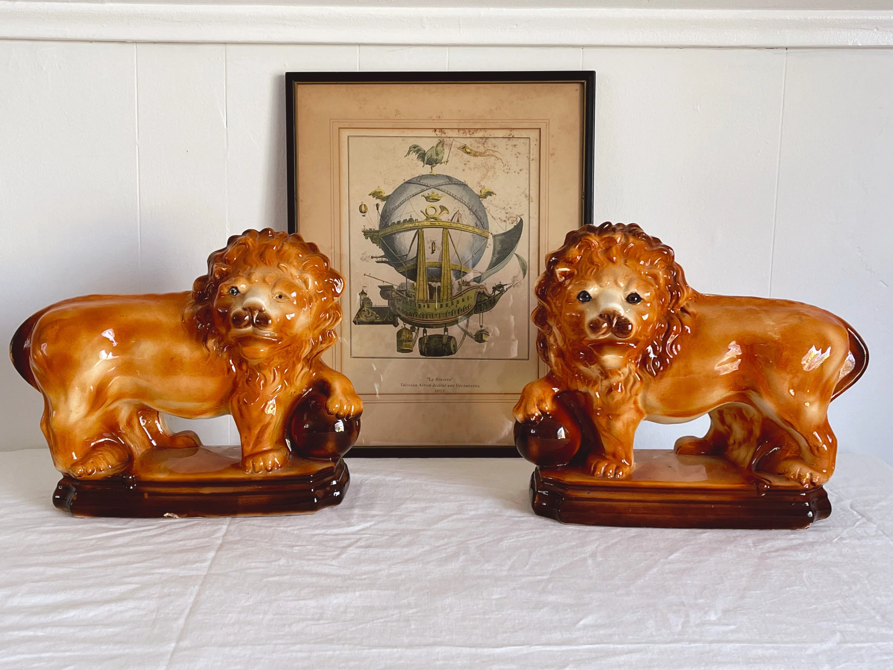 Pair of Late 19th Century Antique Ceramic Glazed Staffordshire Lion Figurines | Victorian Lion with Ball Statue - Image 10