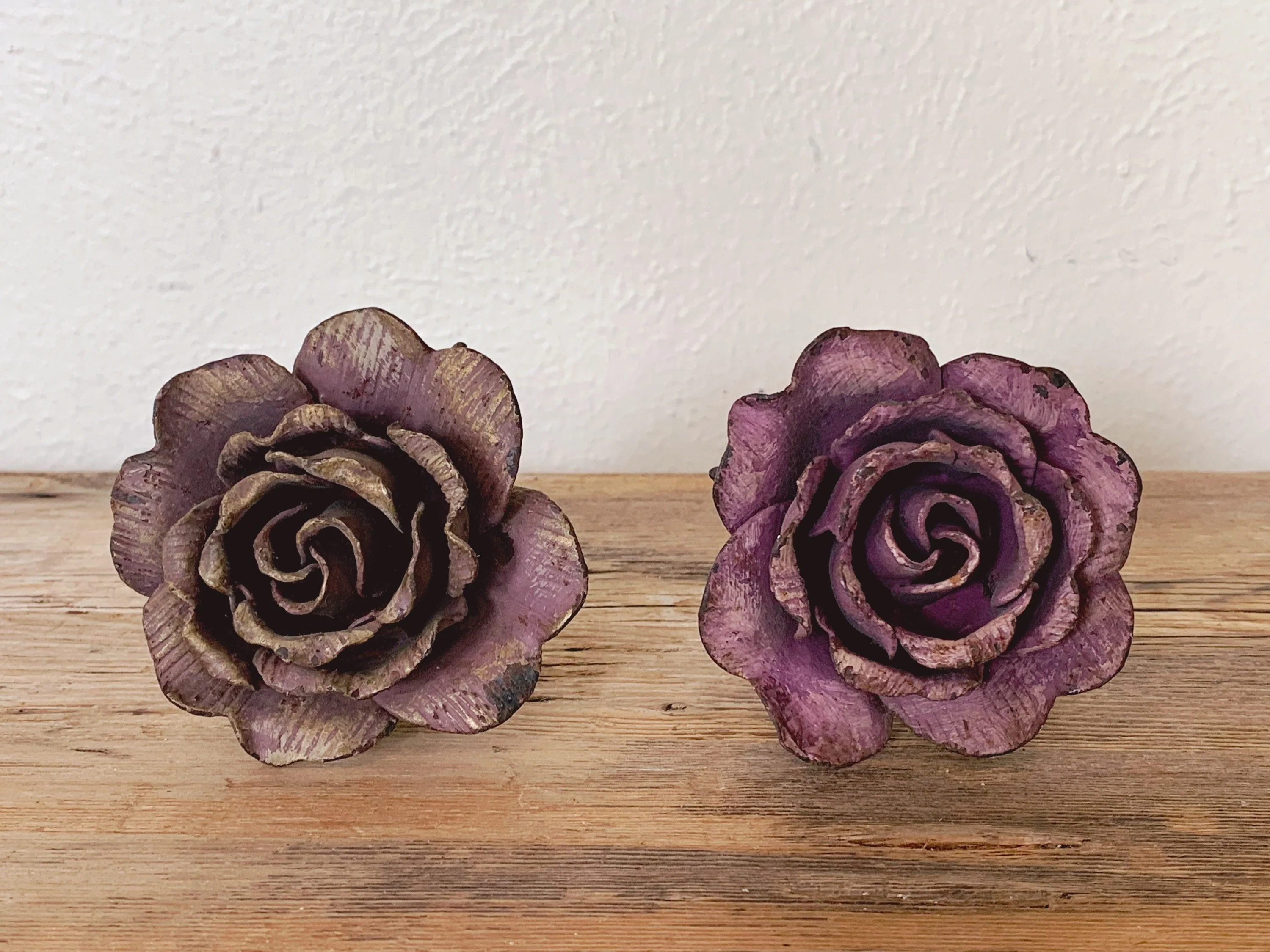 Pair of Vintage Aged Metal Red Rose Door Knobs | Hand Made Floral Drawer Pulls | Distressed Cabinet Handles | Furniture Hardware - Image 3