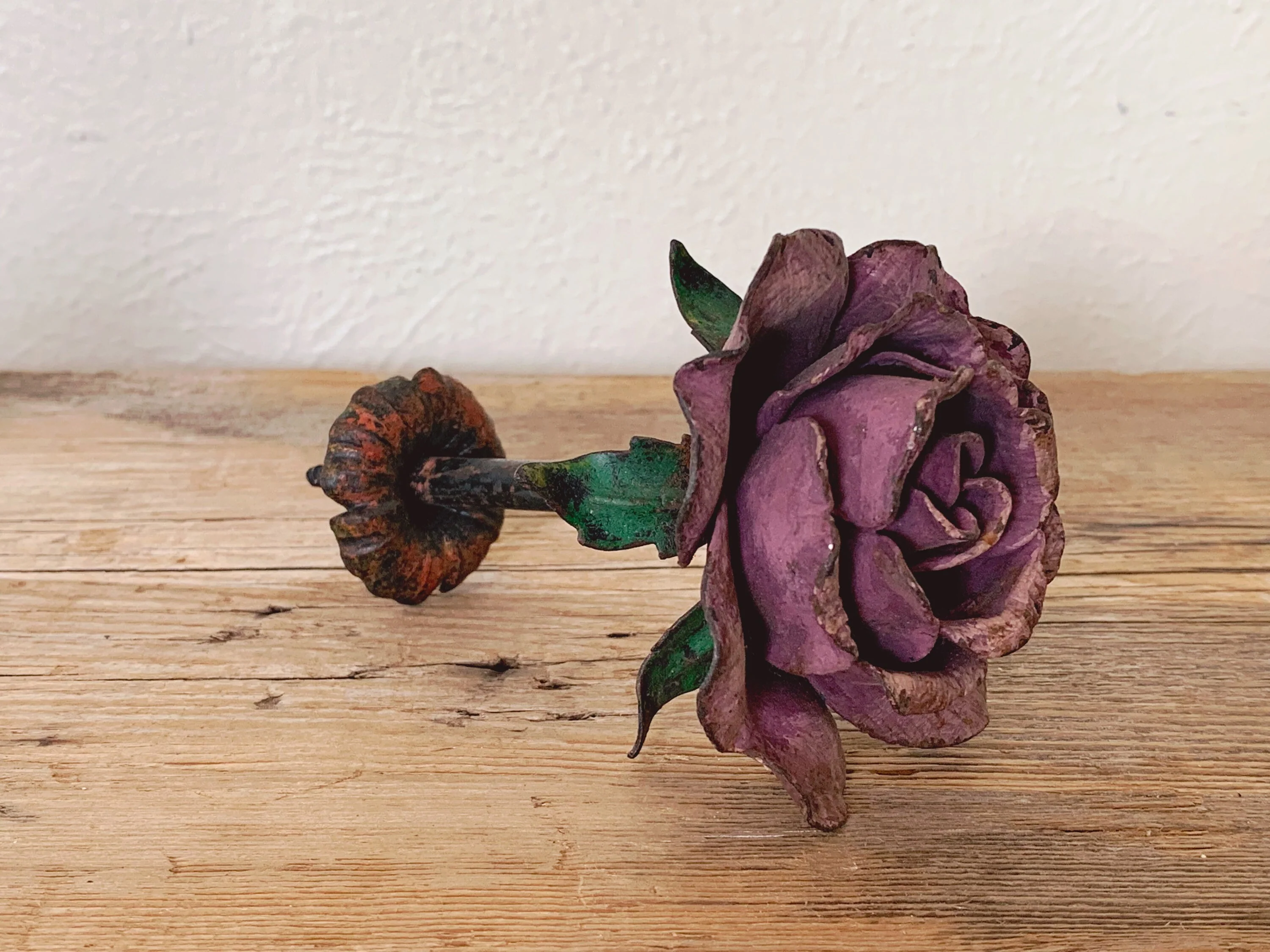 Pair of Vintage Aged Metal Red Rose Door Knobs | Hand Made Floral Drawer Pulls | Distressed Cabinet Handles | Furniture Hardware - Image 4