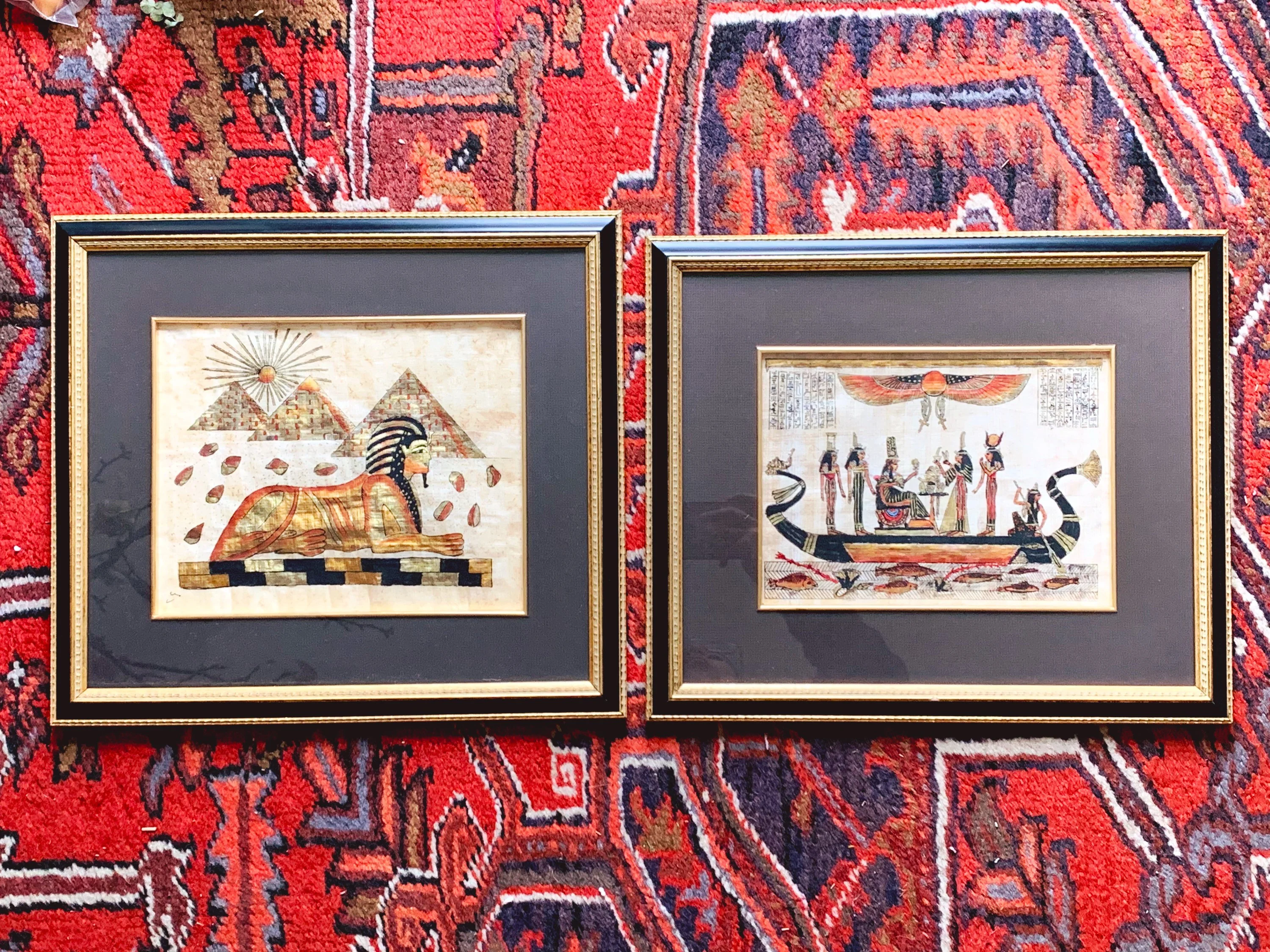 Vintage Hand Painted Egyptian Papyrus Painting in Black and Gold Wooden Frame | Collectible Art of Great Sphinx of Giza Pyramids Hieroglyphs - Image 3