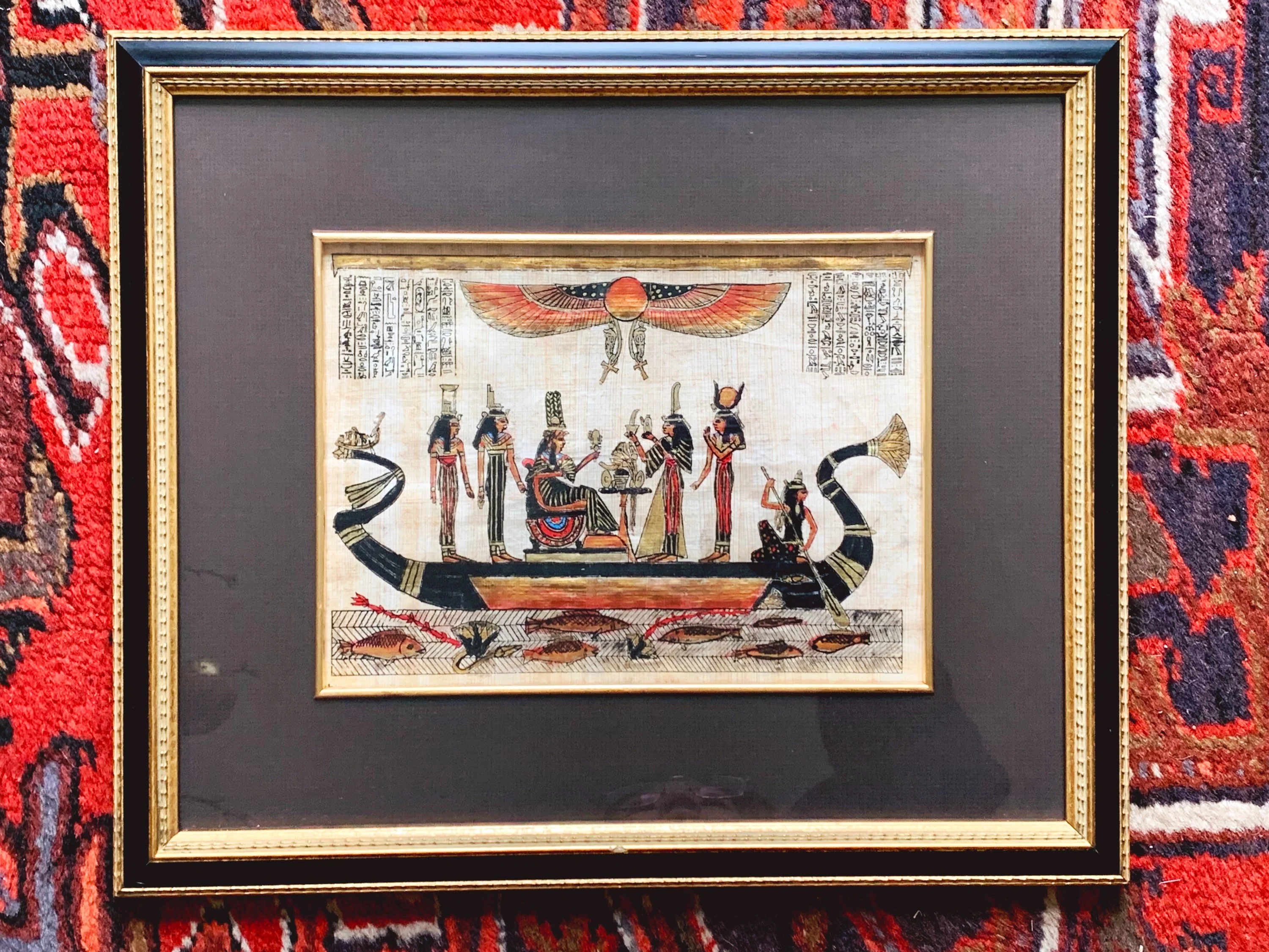 Vintage Hand Painted Egyptian Papyrus Painting in Black and Gold Wooden Frame | Collectible Art of Great Sphinx of Giza Pyramids Hieroglyphs - Image 4