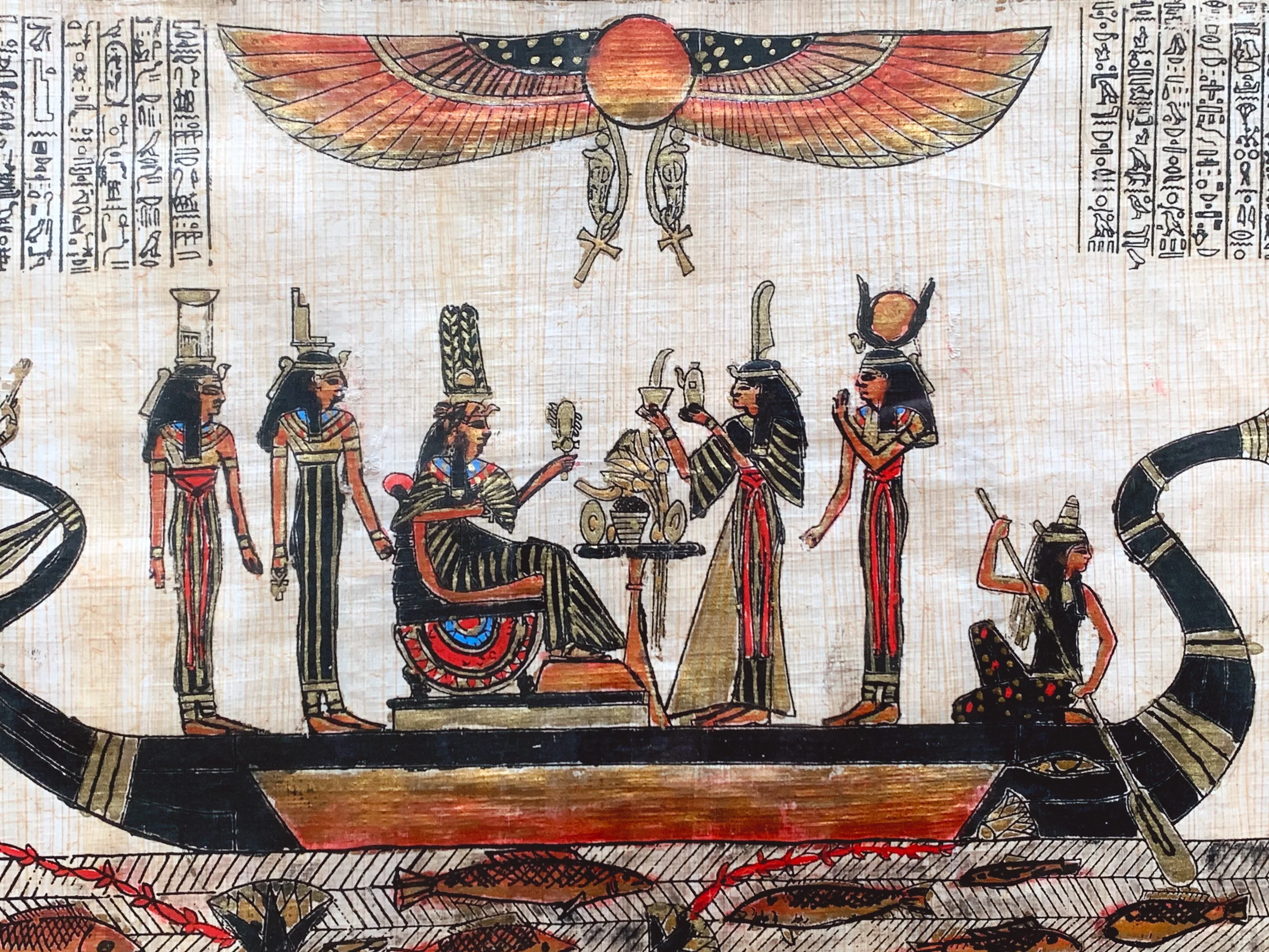 Vintage Hand Painted Egyptian Papyrus Painting in Black and Gold Wooden Frame | Collectible Art of Great Sphinx of Giza Pyramids Hieroglyphs - Image 5