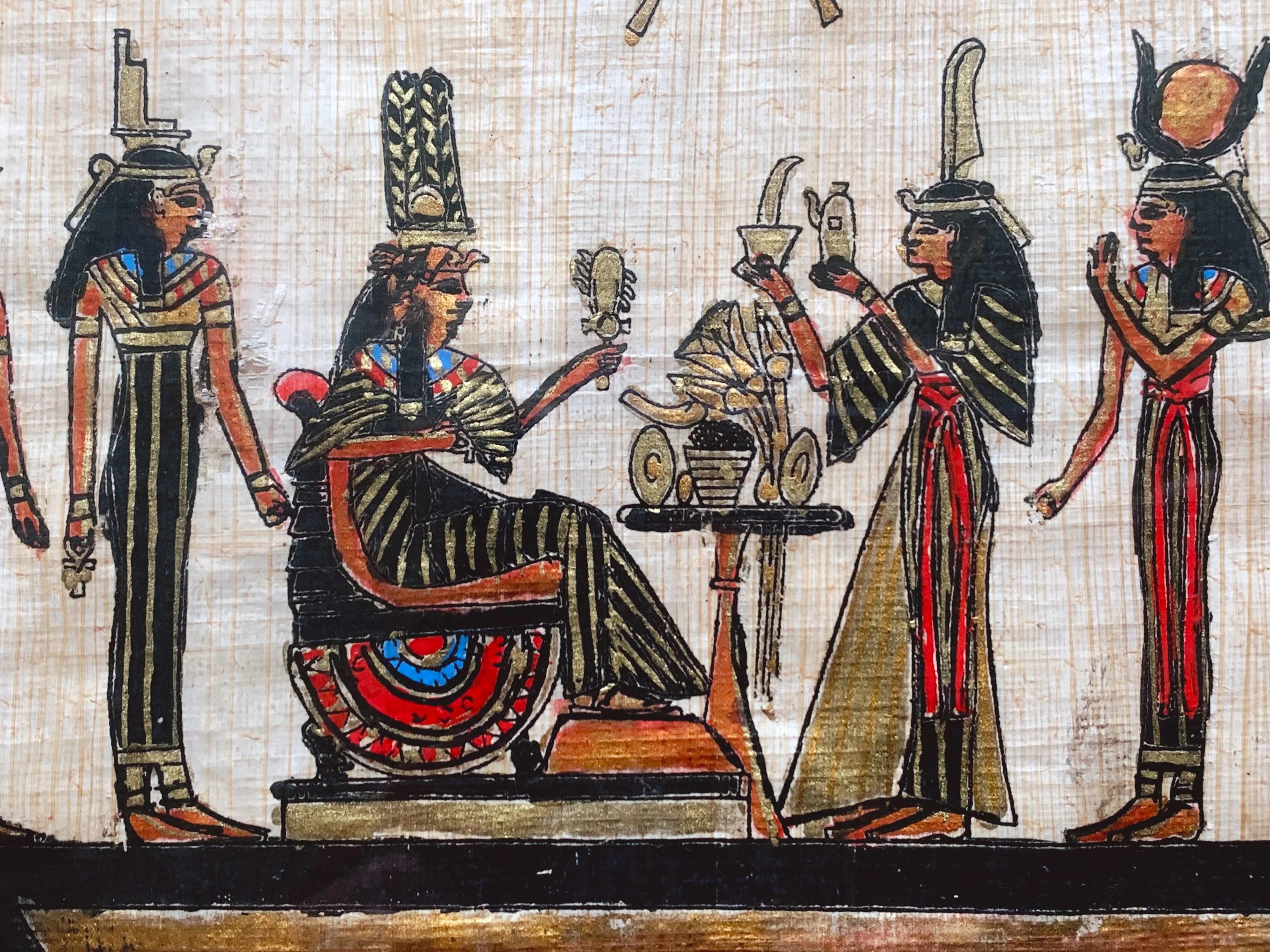 Vintage Hand Painted Egyptian Papyrus Painting in Black and Gold Wooden Frame | Collectible Art of Great Sphinx of Giza Pyramids Hieroglyphs - Image 6