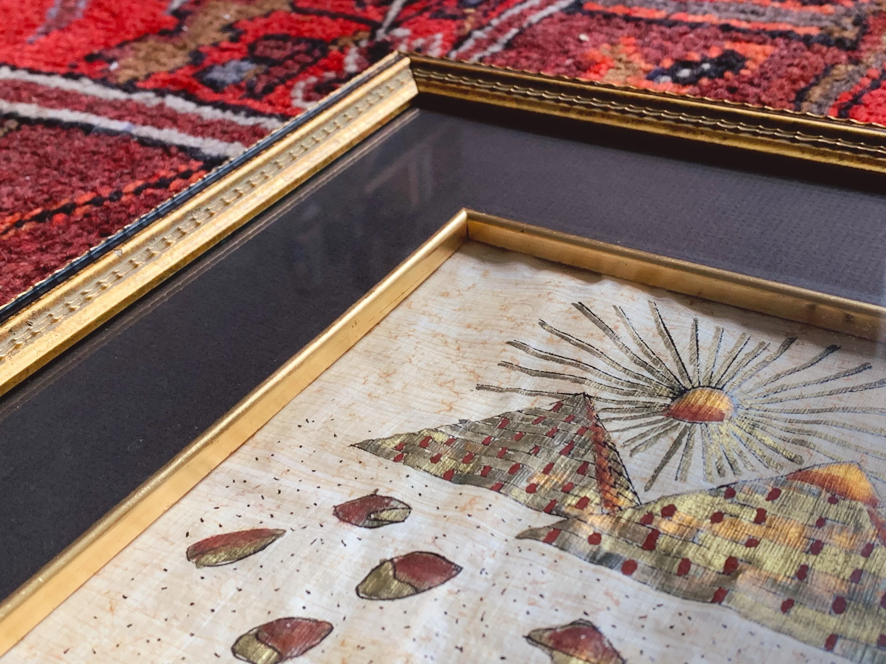 Vintage Hand Painted Egyptian Papyrus Painting in Black and Gold Wooden Frame | Collectible Art of Great Sphinx of Giza Pyramids Hieroglyphs - Image 8