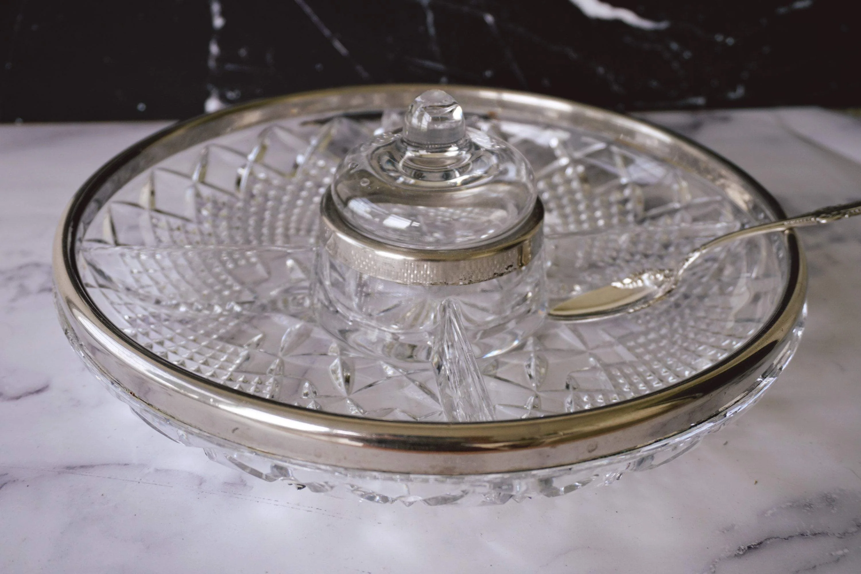 Vintage Heavy Cut Lead Crystal Divided Relish Tray with Silver-Plated Rim | Holiday Entertaining 5-Part Divided Snack Bowl - Image 3