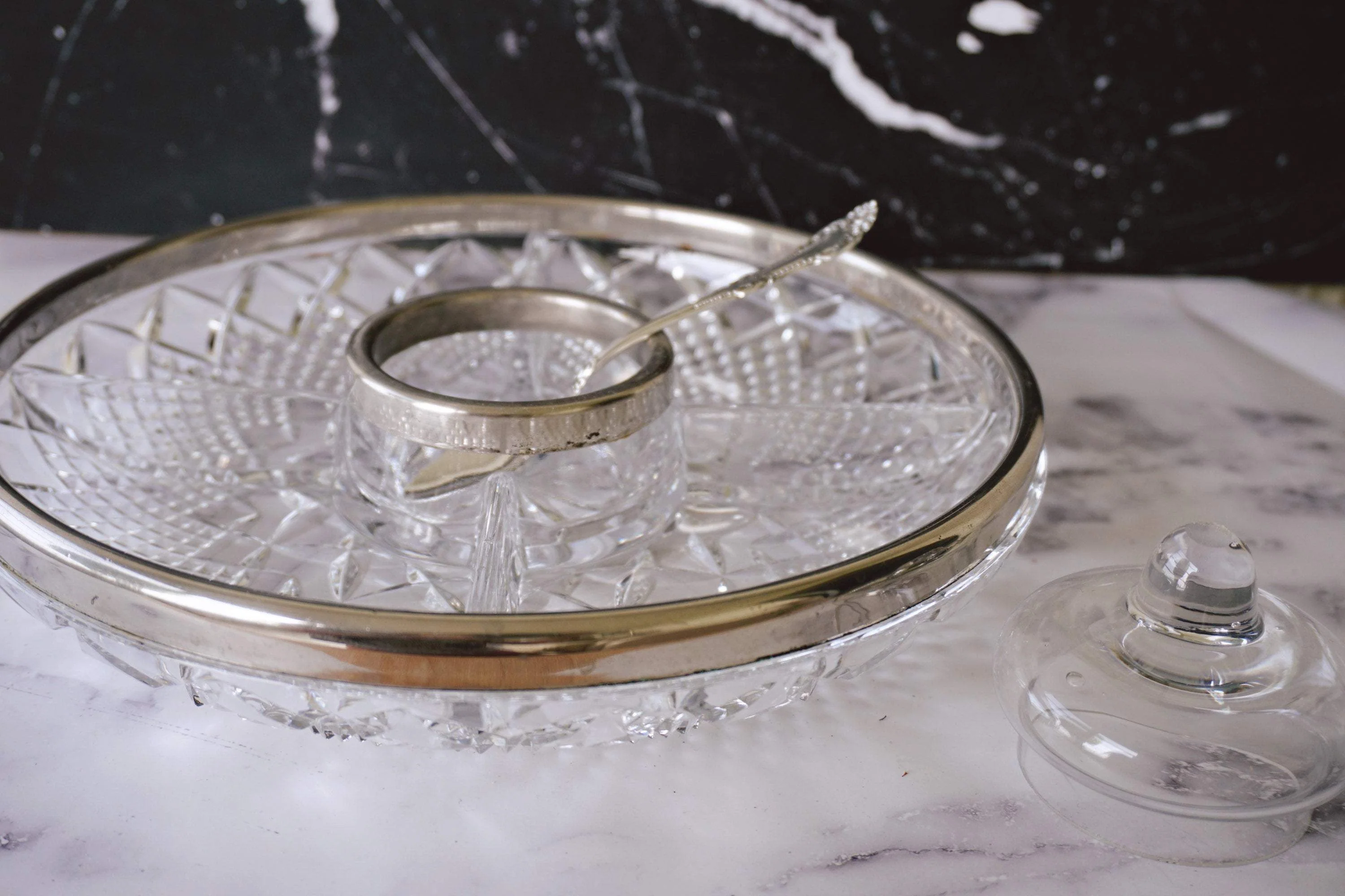 Vintage Heavy Cut Lead Crystal Divided Relish Tray with Silver-Plated Rim | Holiday Entertaining 5-Part Divided Snack Bowl - Image 4