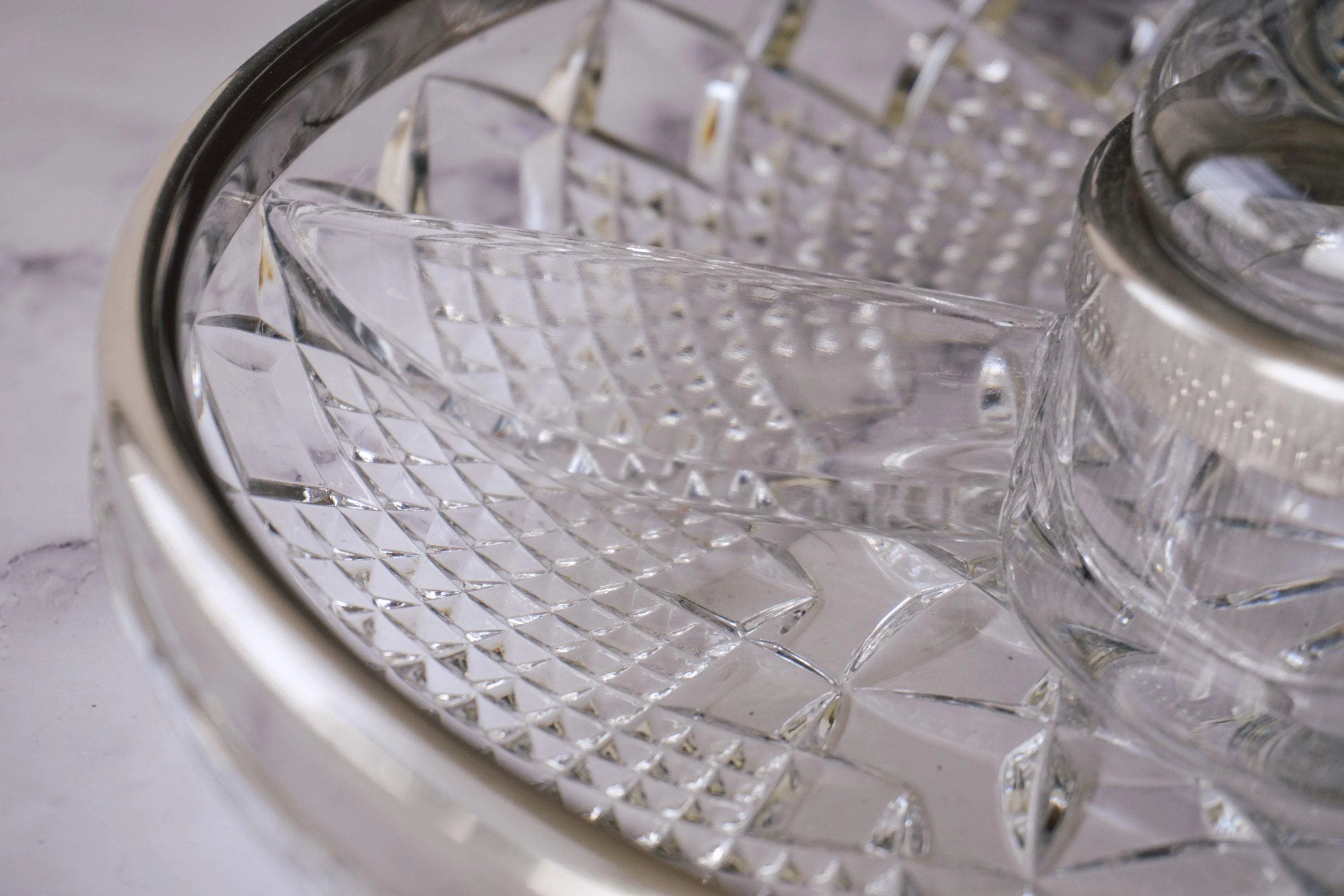 Vintage Heavy Cut Lead Crystal Divided Relish Tray with Silver-Plated Rim | Holiday Entertaining 5-Part Divided Snack Bowl - Image 7