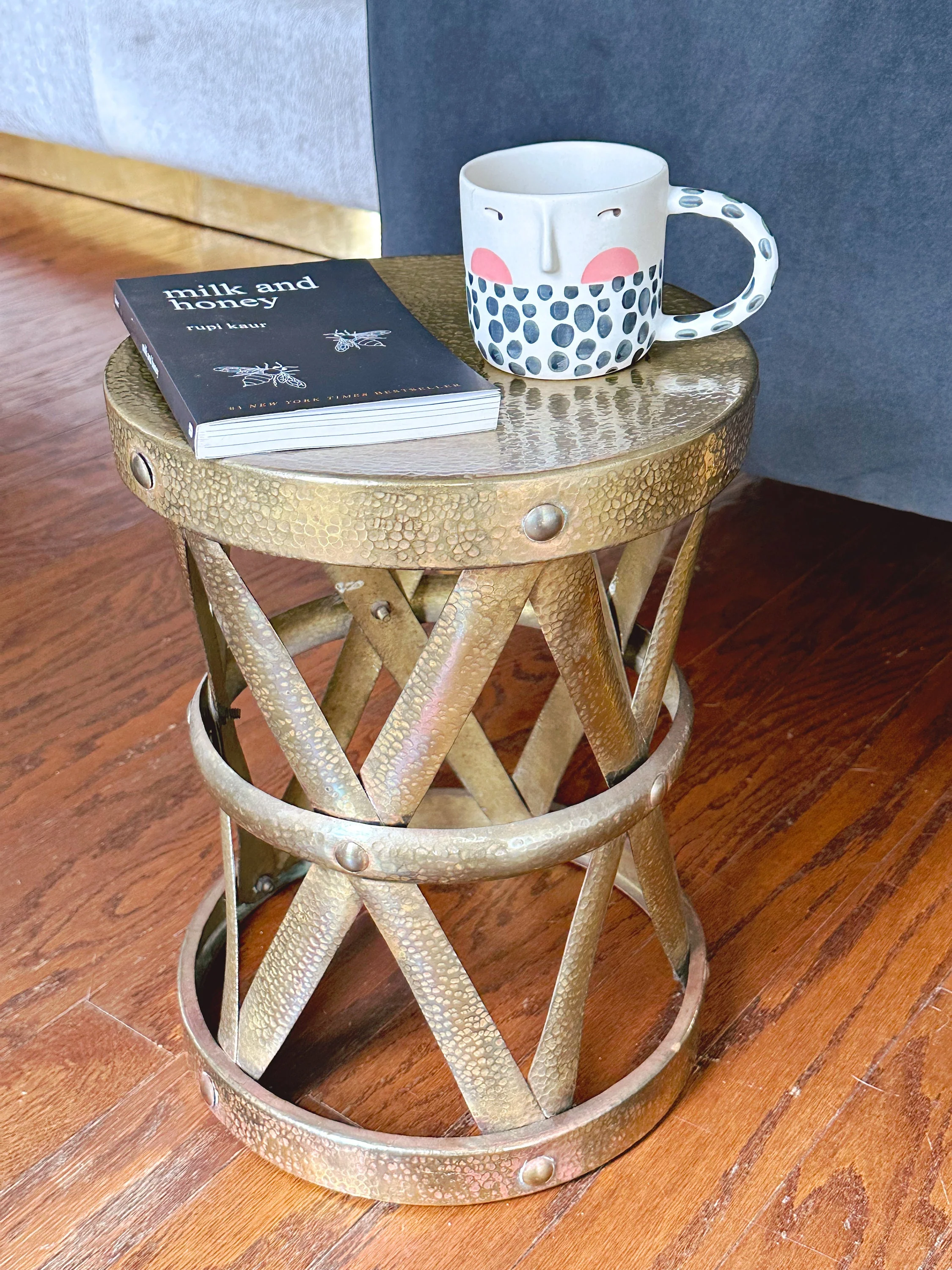 Vintage Mid Century Hand Hammered Brass X-Stool | Gold Drum Table Drink Table | Living Room Furniture Accent Table Plant Stand - Image 3