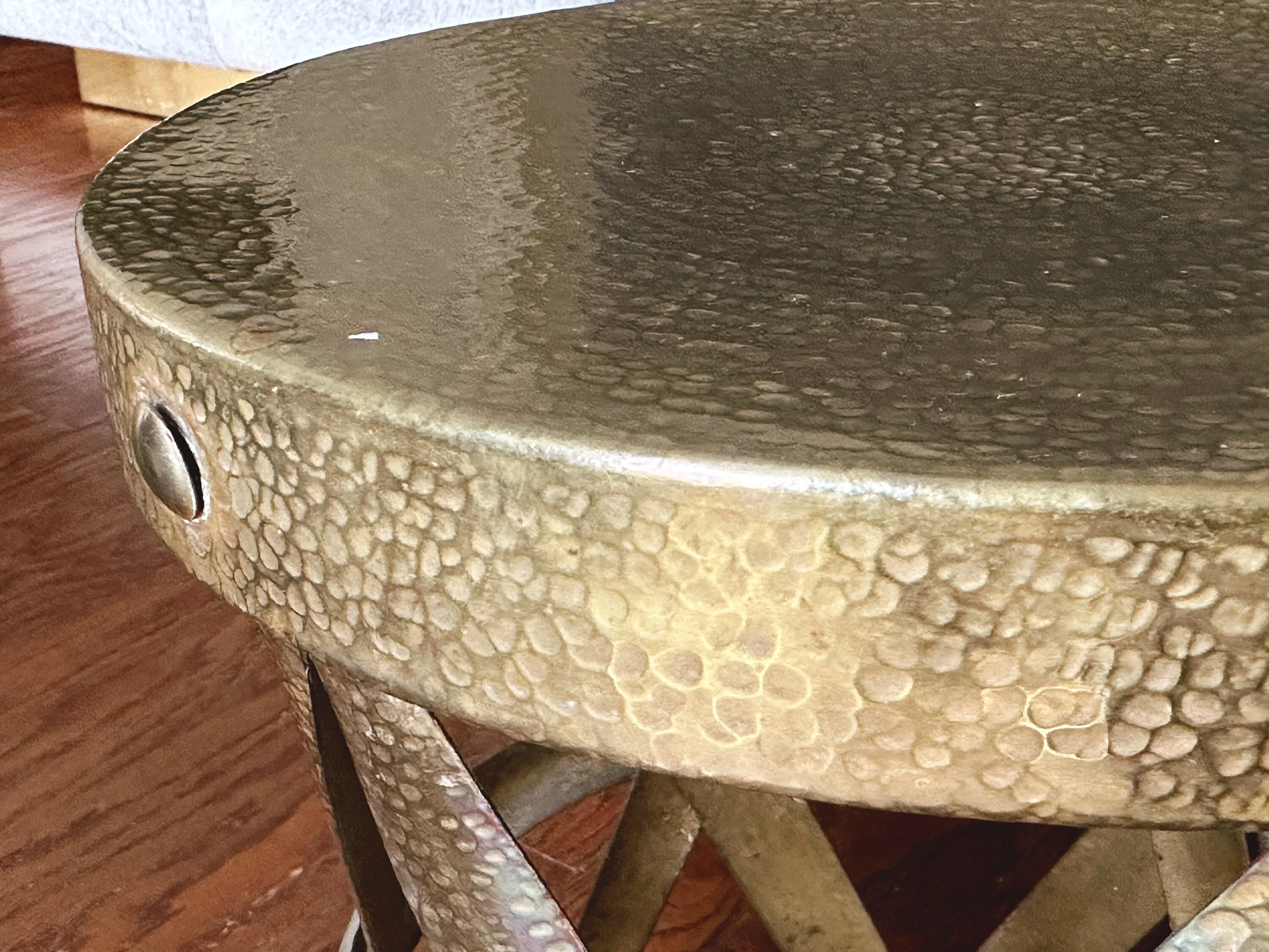 Vintage Mid Century Hand Hammered Brass X-Stool | Gold Drum Table Drink Table | Living Room Furniture Accent Table Plant Stand - Image 6