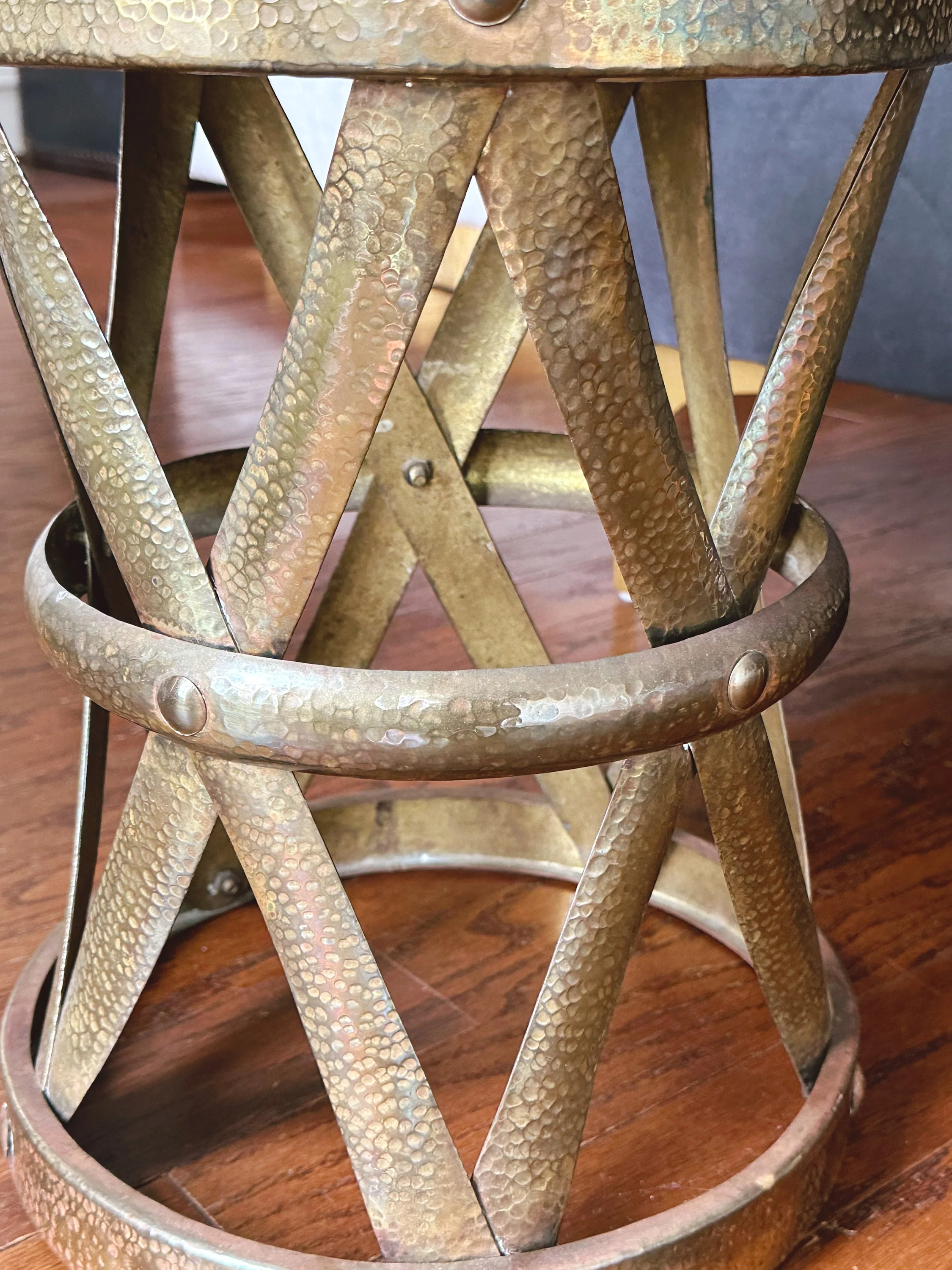 Vintage Mid Century Hand Hammered Brass X-Stool | Gold Drum Table Drink Table | Living Room Furniture Accent Table Plant Stand - Image 7